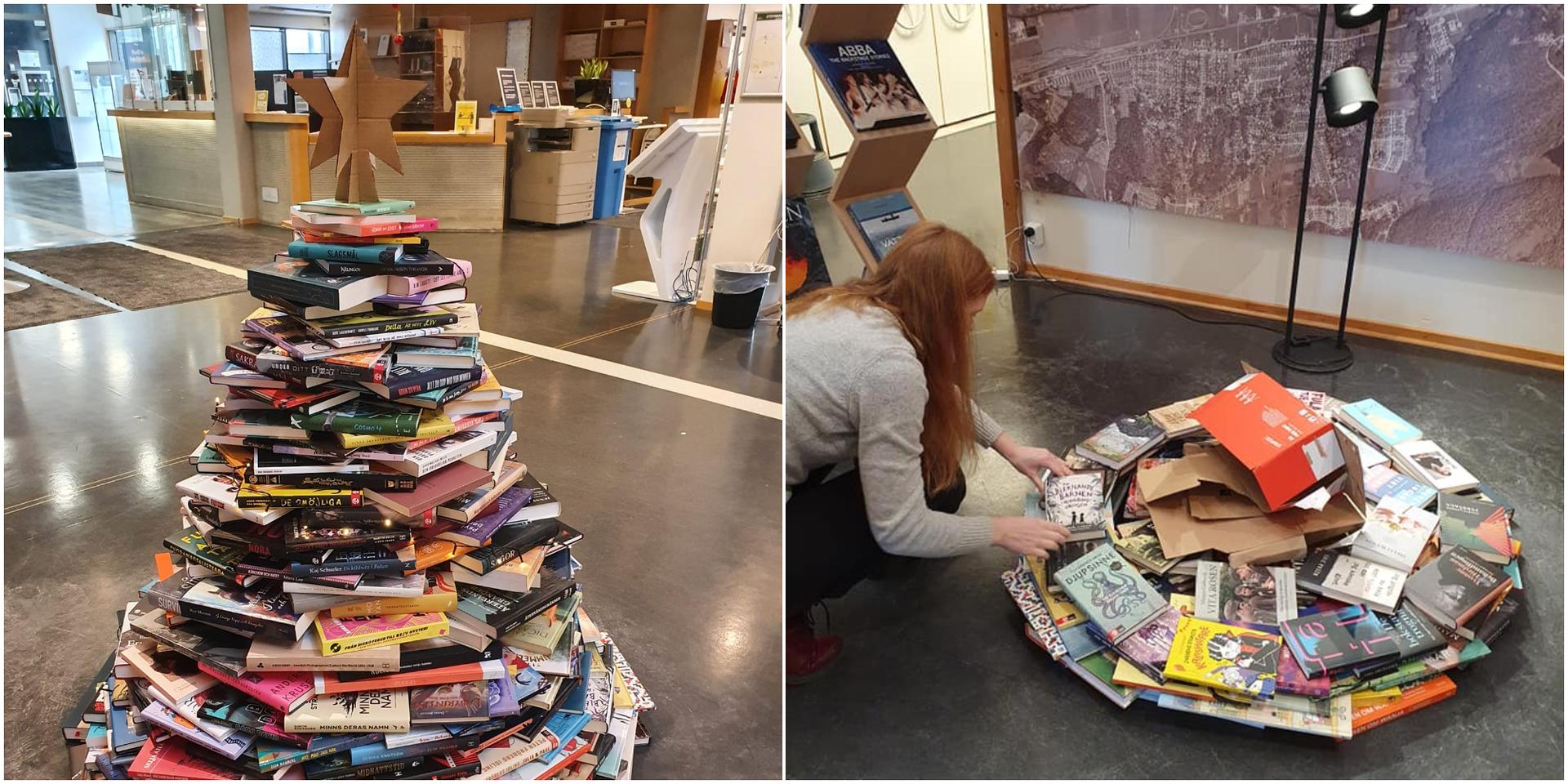 Josefin Thorn på Partille Bibliotek har byggt klart bokgranen, plundring sker i januari.