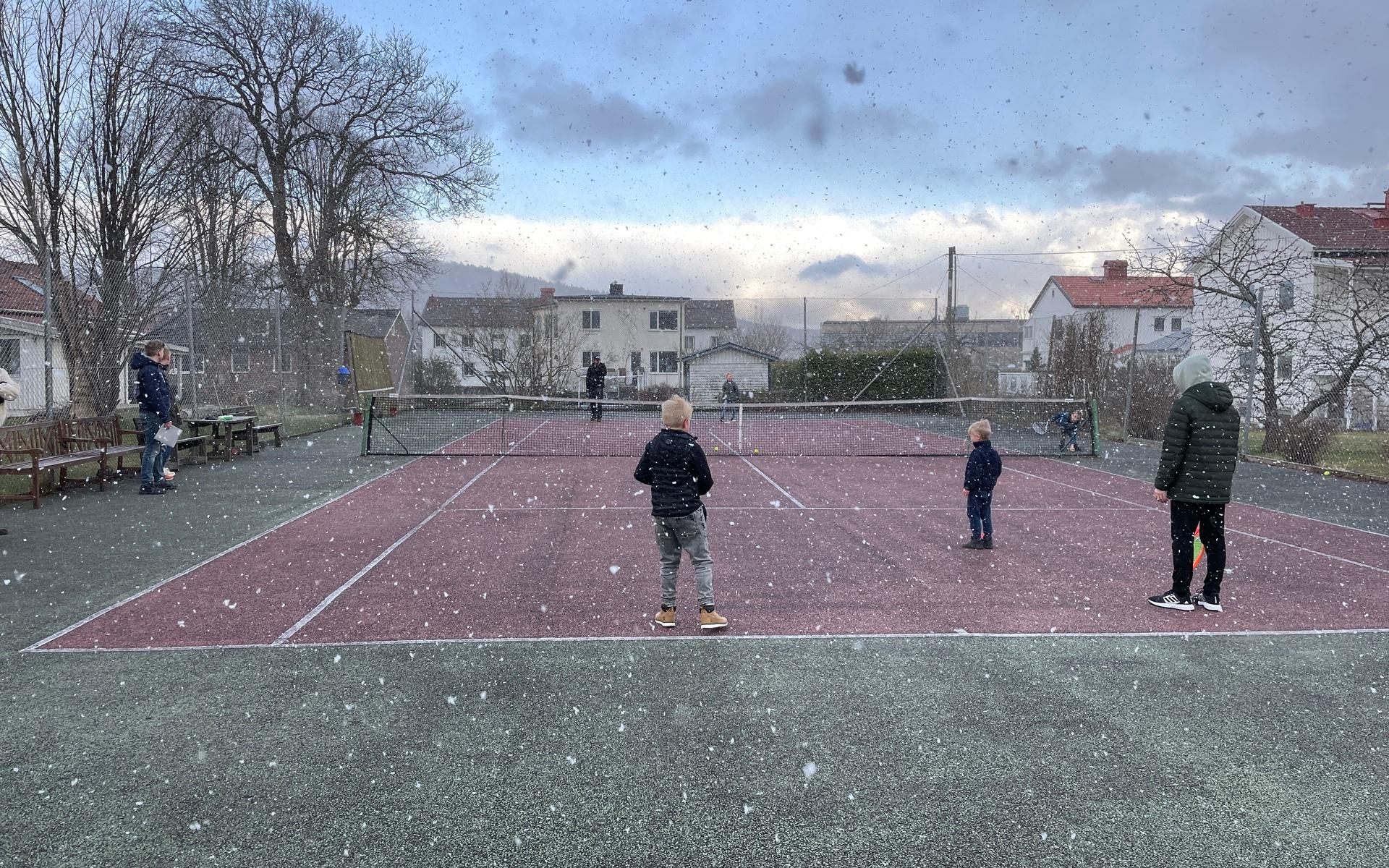 Tilltagande snö hindrade inte kvarterets kids från att ge allt på planen.